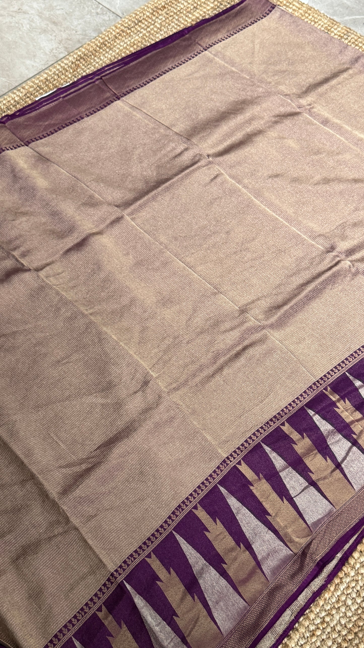 Pure Tissue Kanchivaram in Temple Border - Deep Purple