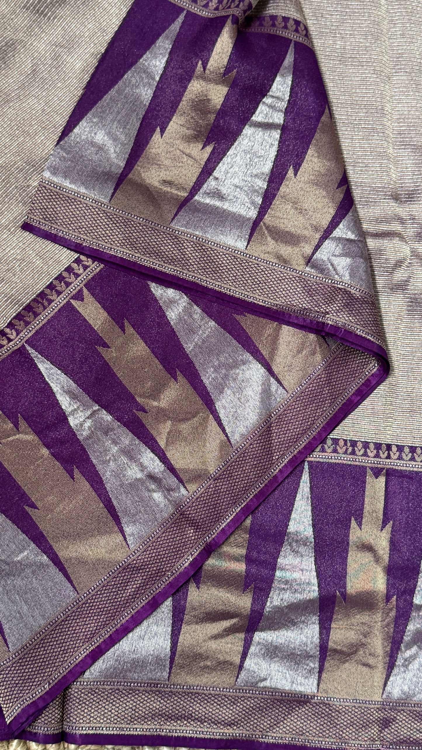 Pure Tissue Kanchivaram in Temple Border - Deep Purple