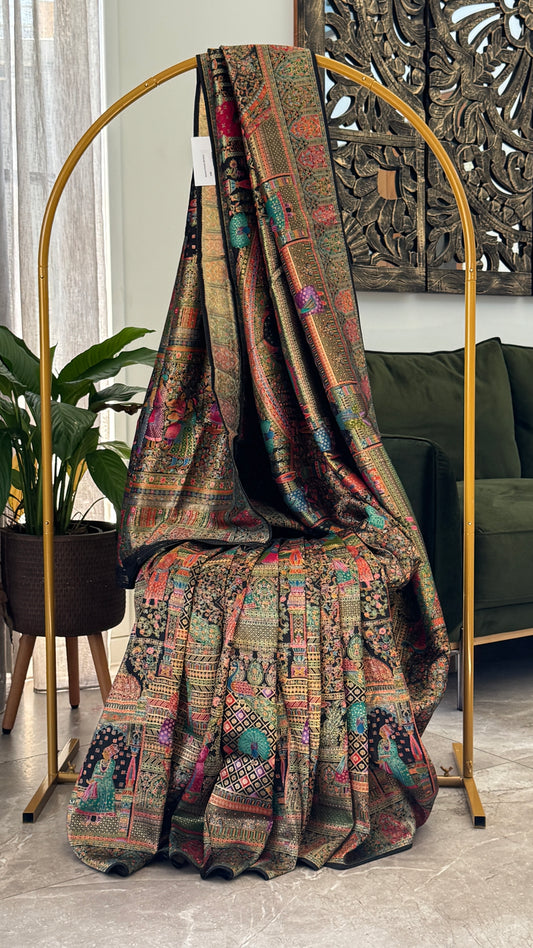 A Kashmiri Pashmina Banarasi Handwoven Storytelling Sarees - Black