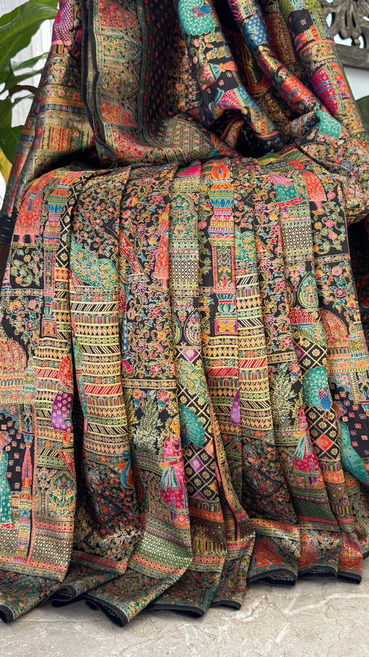 A Kashmiri Pashmina Banarasi Handwoven Storytelling Sarees - Black