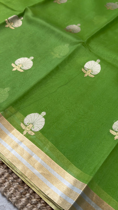 Kora Banaras Organza Pure Silk Saree - Parrot Green