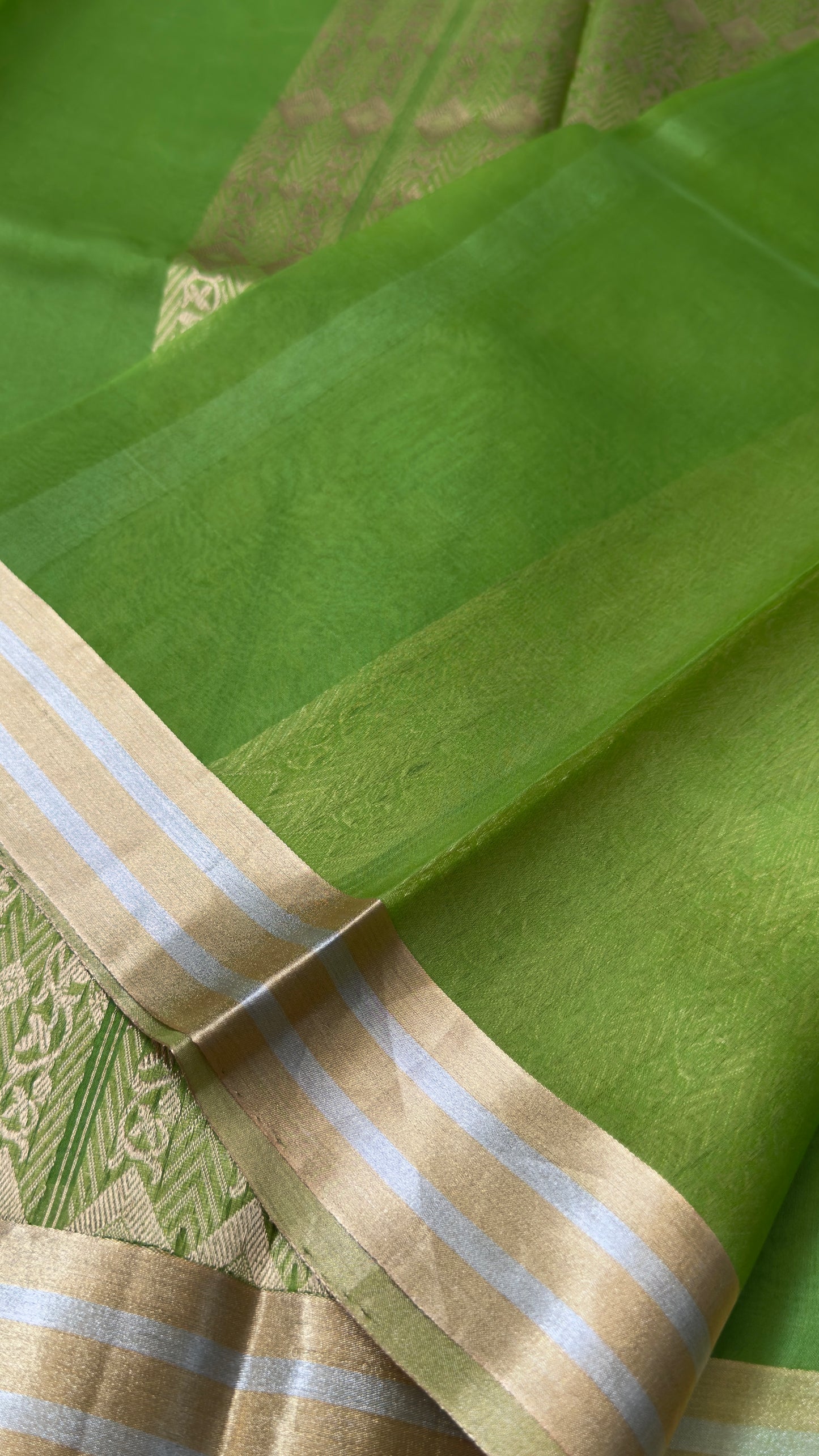 Kora Banaras Organza Pure Silk Saree - Parrot Green