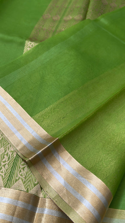 Kora Banaras Organza Pure Silk Saree - Parrot Green