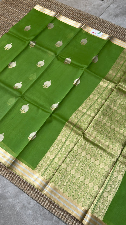 Kora Banaras Organza Pure Silk Saree - Parrot Green