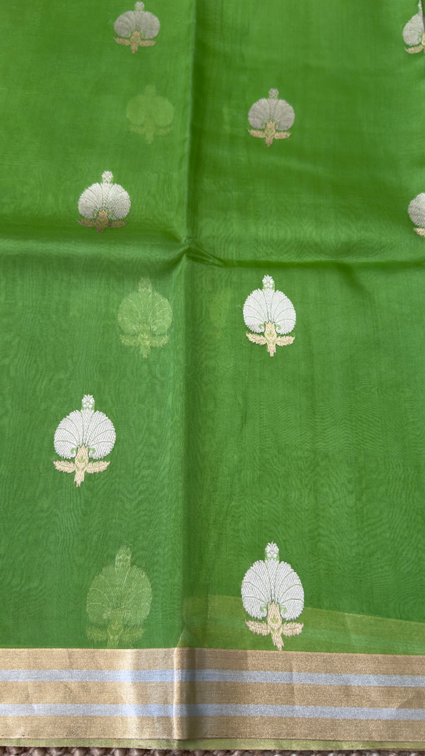 Kora Banaras Organza Pure Silk Saree - Parrot Green