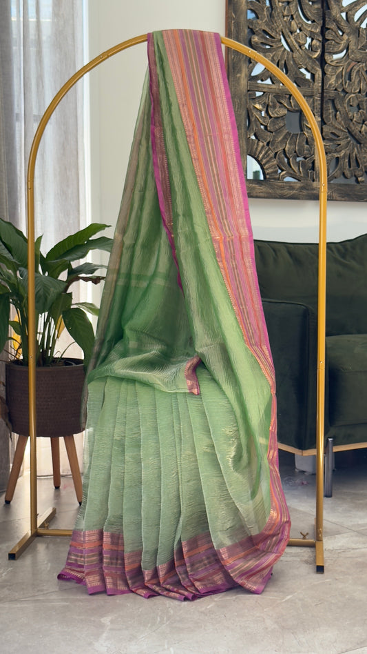 Pure Tissue Silk – Crushed in Green and contrast Pinkish Peach Border