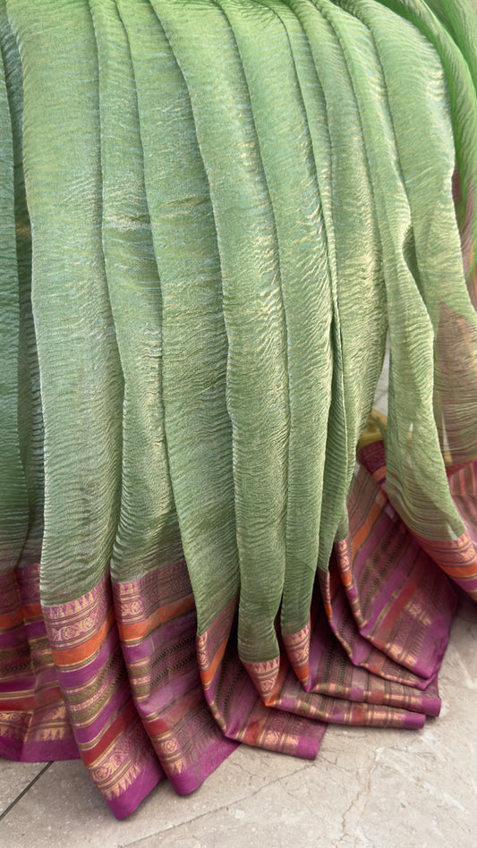 Pure Tissue Silk – Crushed in Green and contrast Pinkish Peach Border