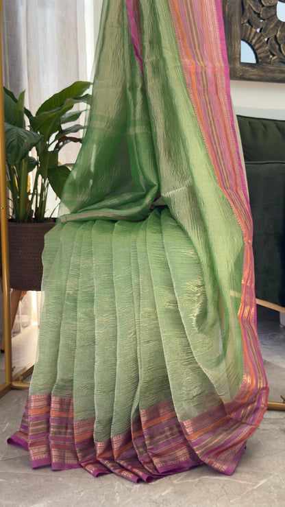 Pure Tissue Silk – Crushed in Green and contrast Pinkish Peach Border