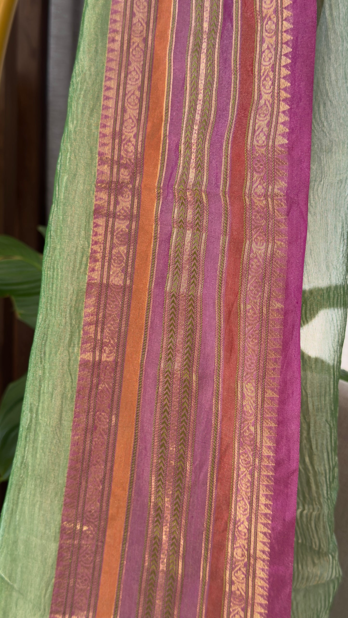 Pure Tissue Silk – Crushed in Green and contrast Pinkish Peach Border