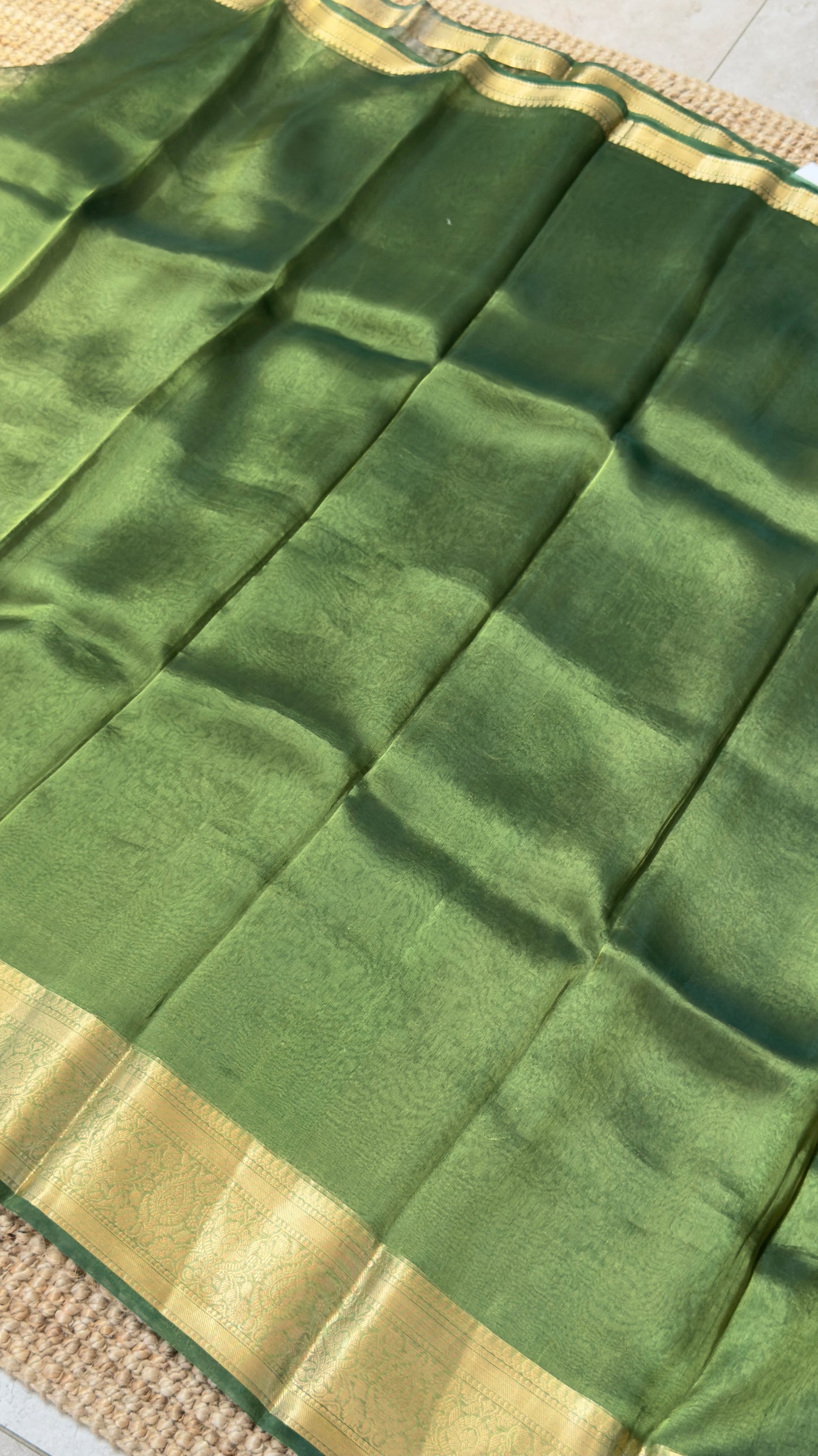 Pure Tissue Silk – Algae Green and Gold Banarasi Border