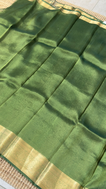 Pure Tissue Silk – Algae Green and Gold Banarasi Border