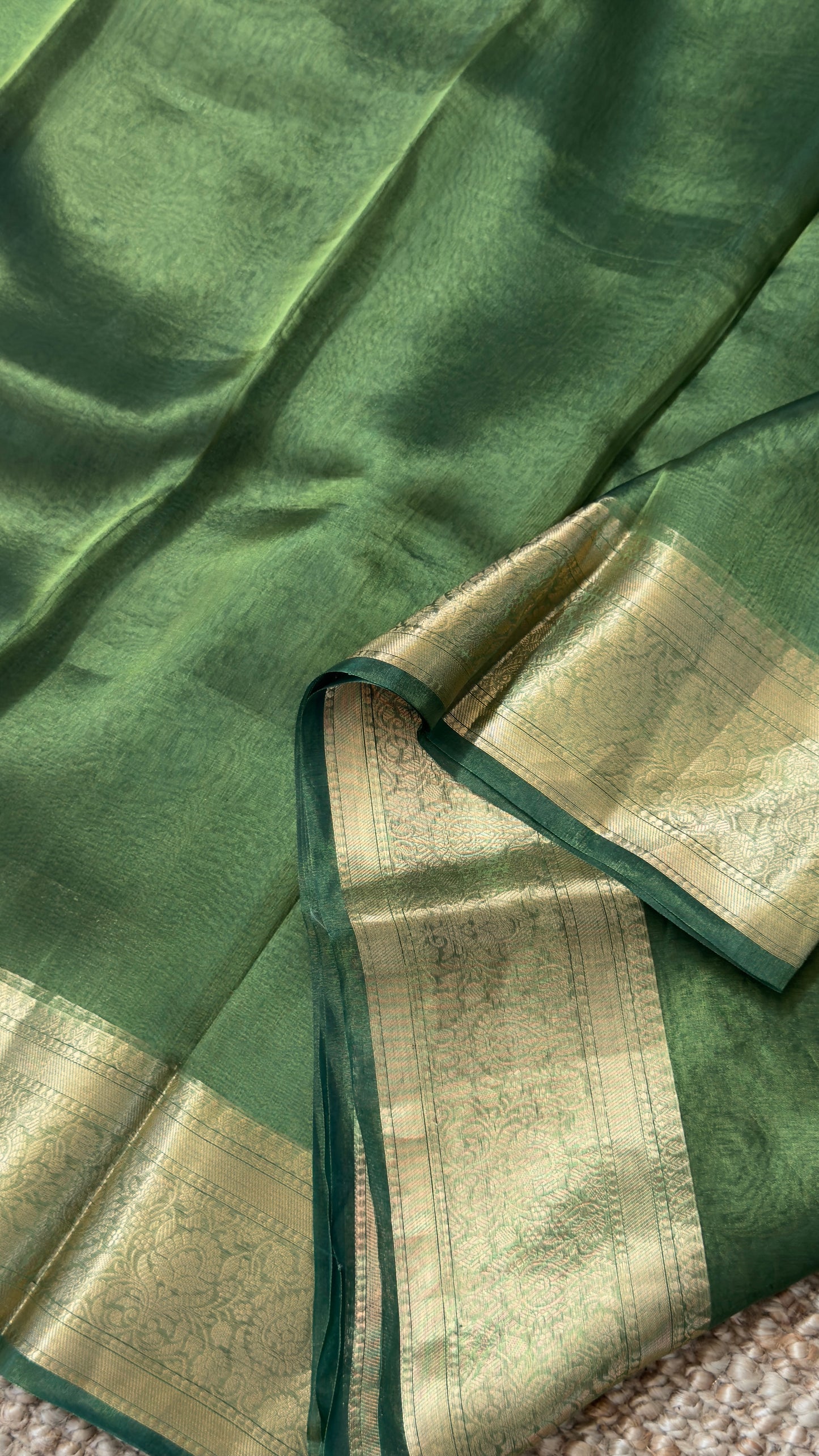 Pure Tissue Silk – Algae Green and Gold Banarasi Border