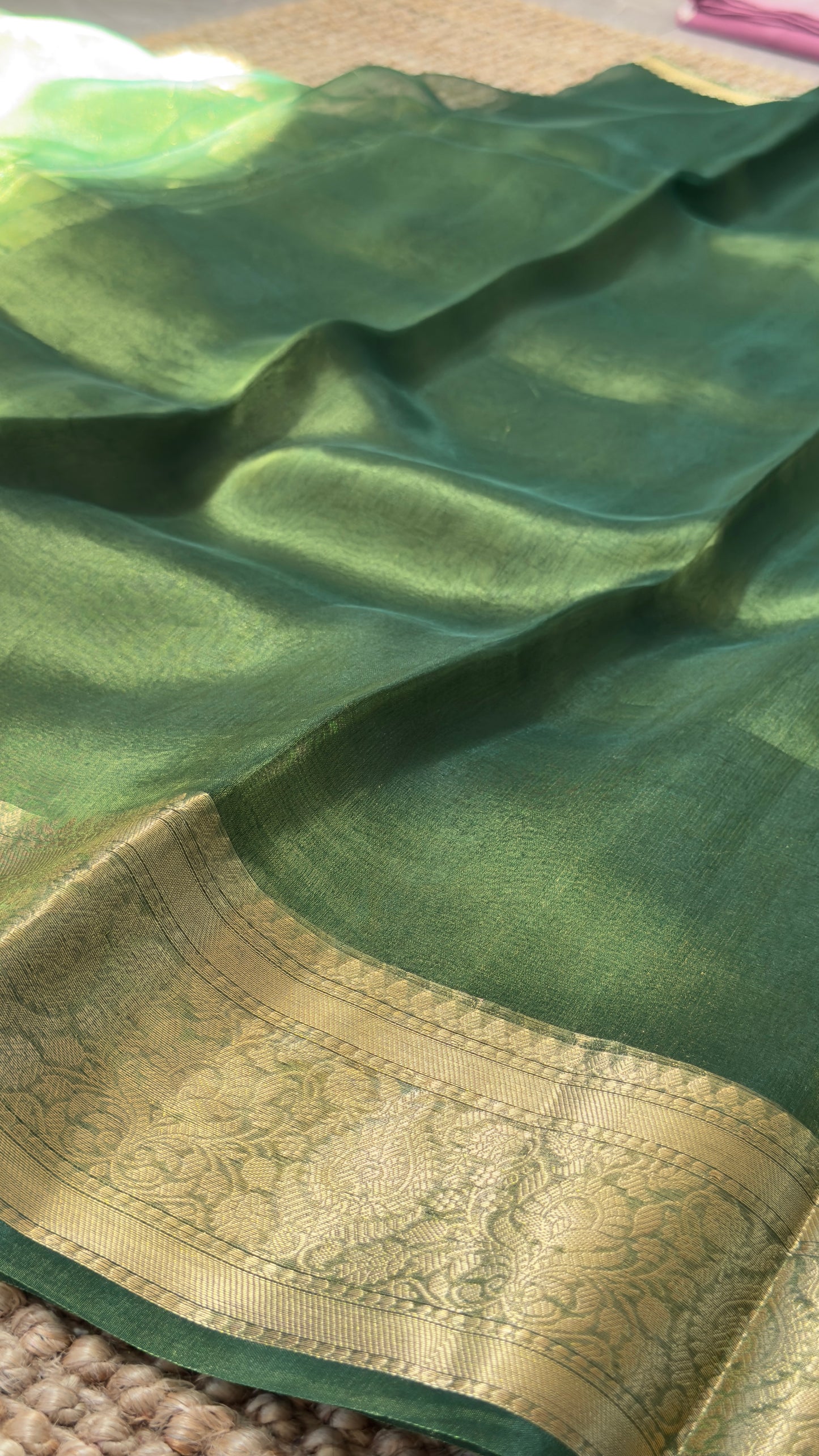 Pure Tissue Silk – Algae Green and Gold Banarasi Border