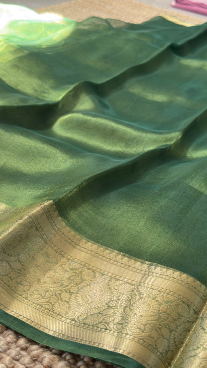 Pure Tissue Silk – Algae Green and Gold Banarasi Border