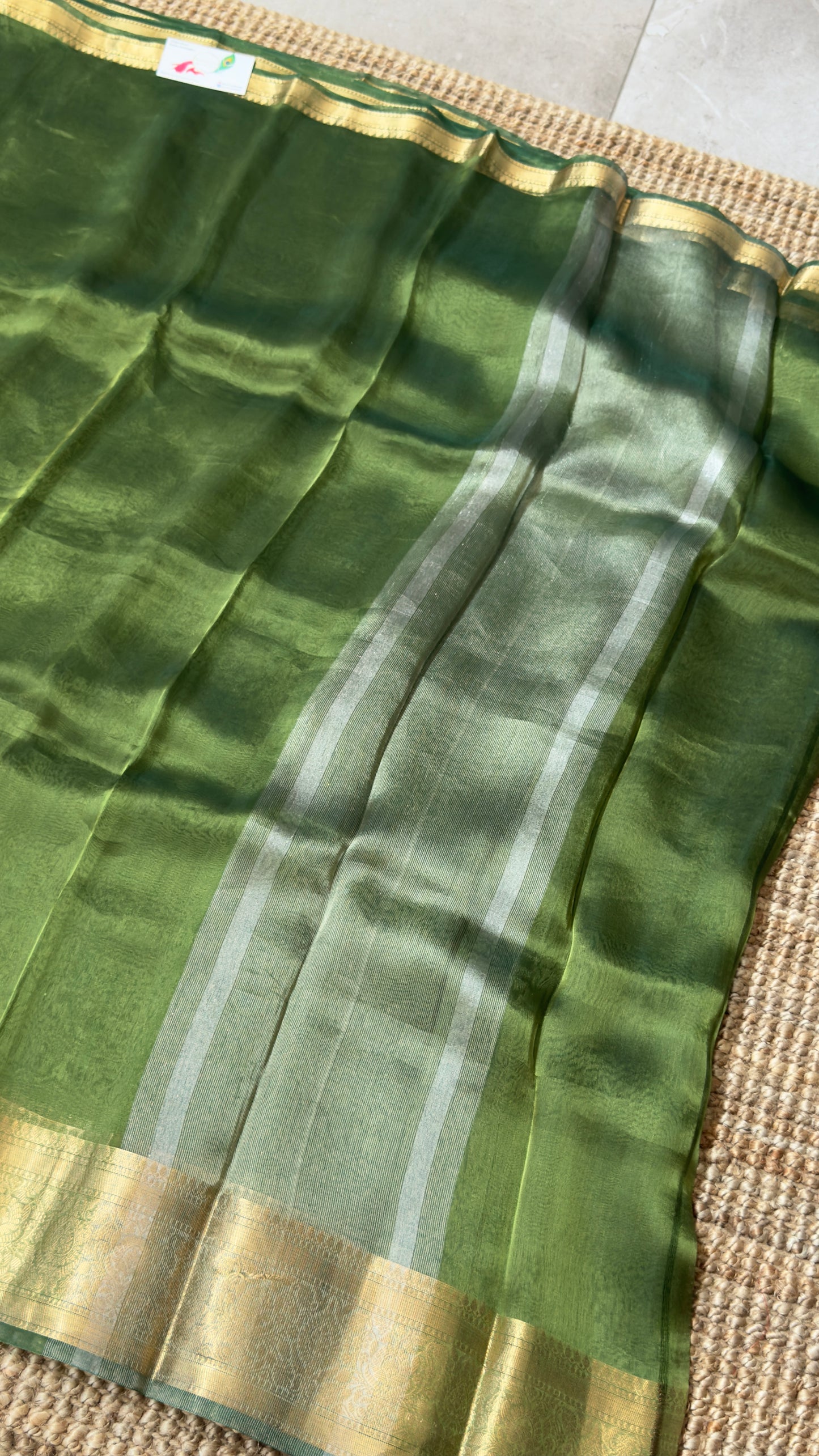 Pure Tissue Silk – Algae Green and Gold Banarasi Border