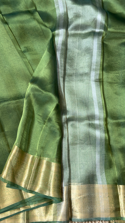 Pure Tissue Silk – Algae Green and Gold Banarasi Border