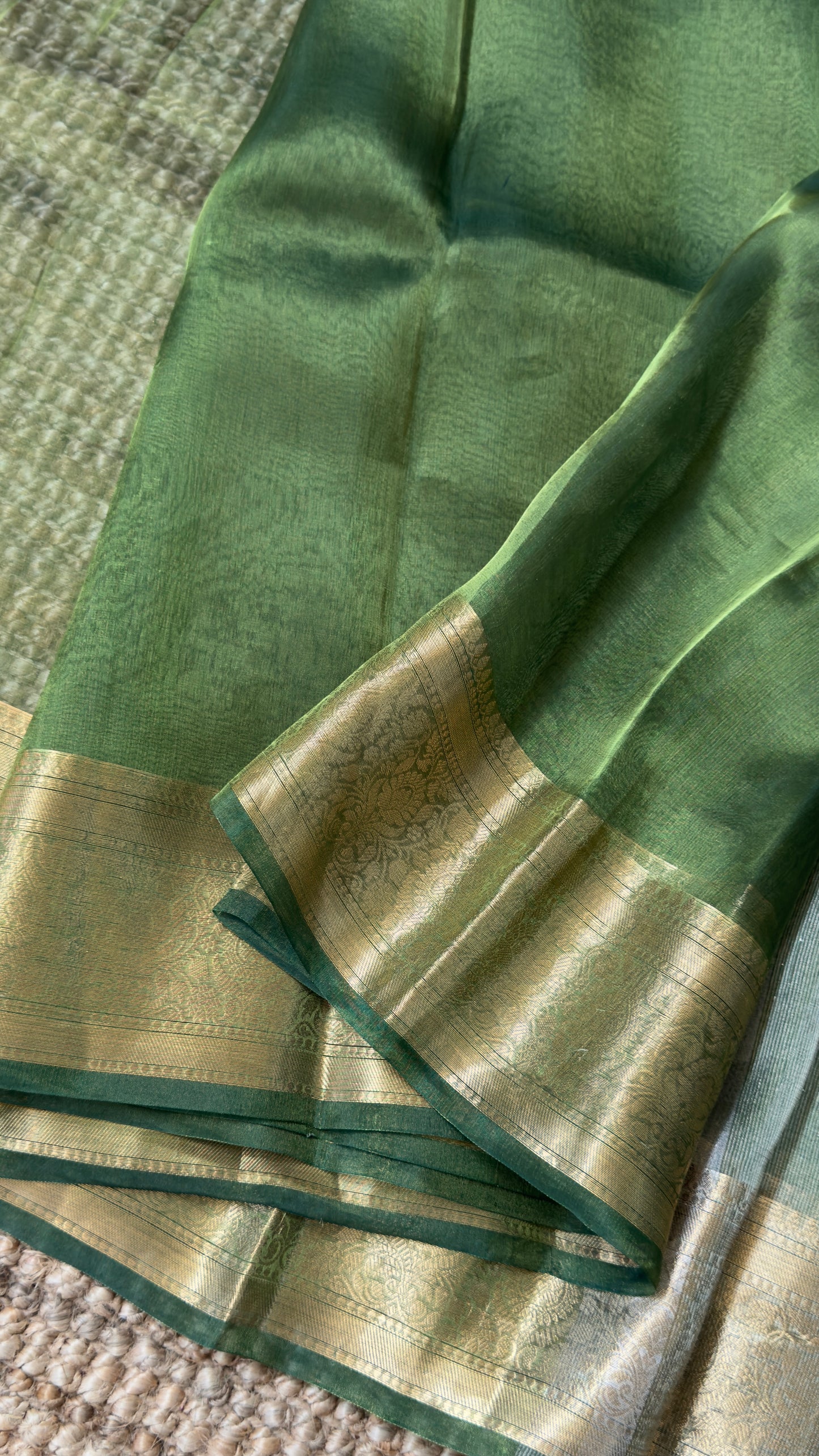 Pure Tissue Silk – Algae Green and Gold Banarasi Border