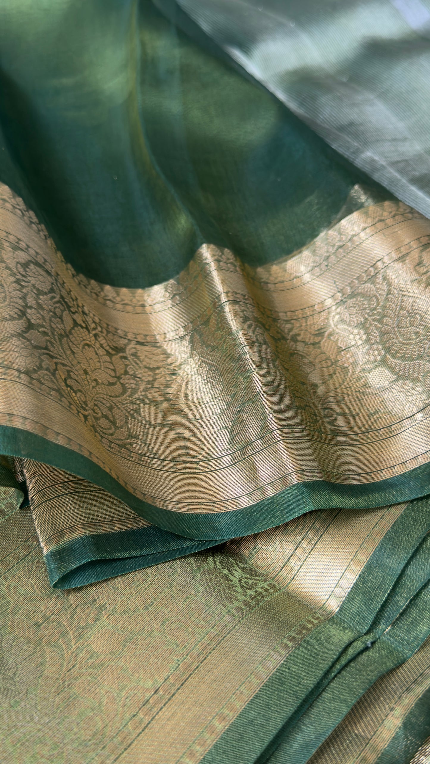 Pure Tissue Silk – Algae Green and Gold Banarasi Border