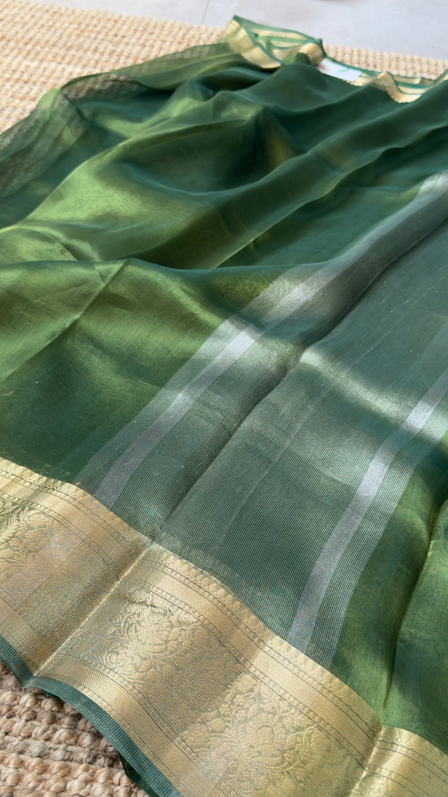 Pure Tissue Silk – Algae Green and Gold Banarasi Border