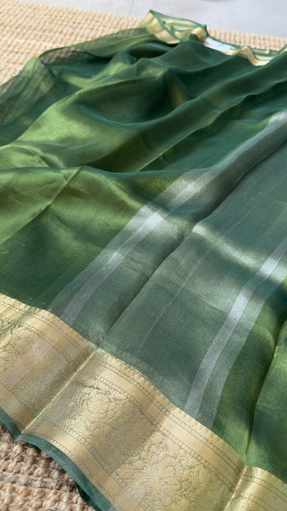 Pure Tissue Silk – Algae Green and Gold Banarasi Border