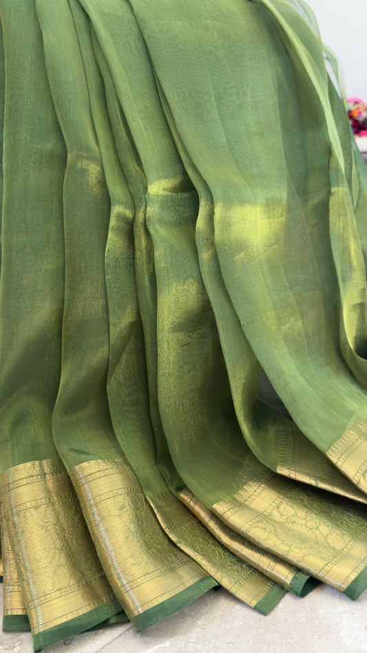 Pure Tissue Silk – Algae Green and Gold Banarasi Border