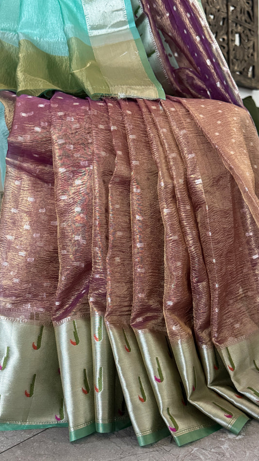 Semi Tissue Silk – Crushed in Onion Pink and contrast Paithani Border