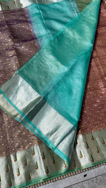 Semi Tissue Silk – Crushed in Onion Pink and contrast Paithani Border