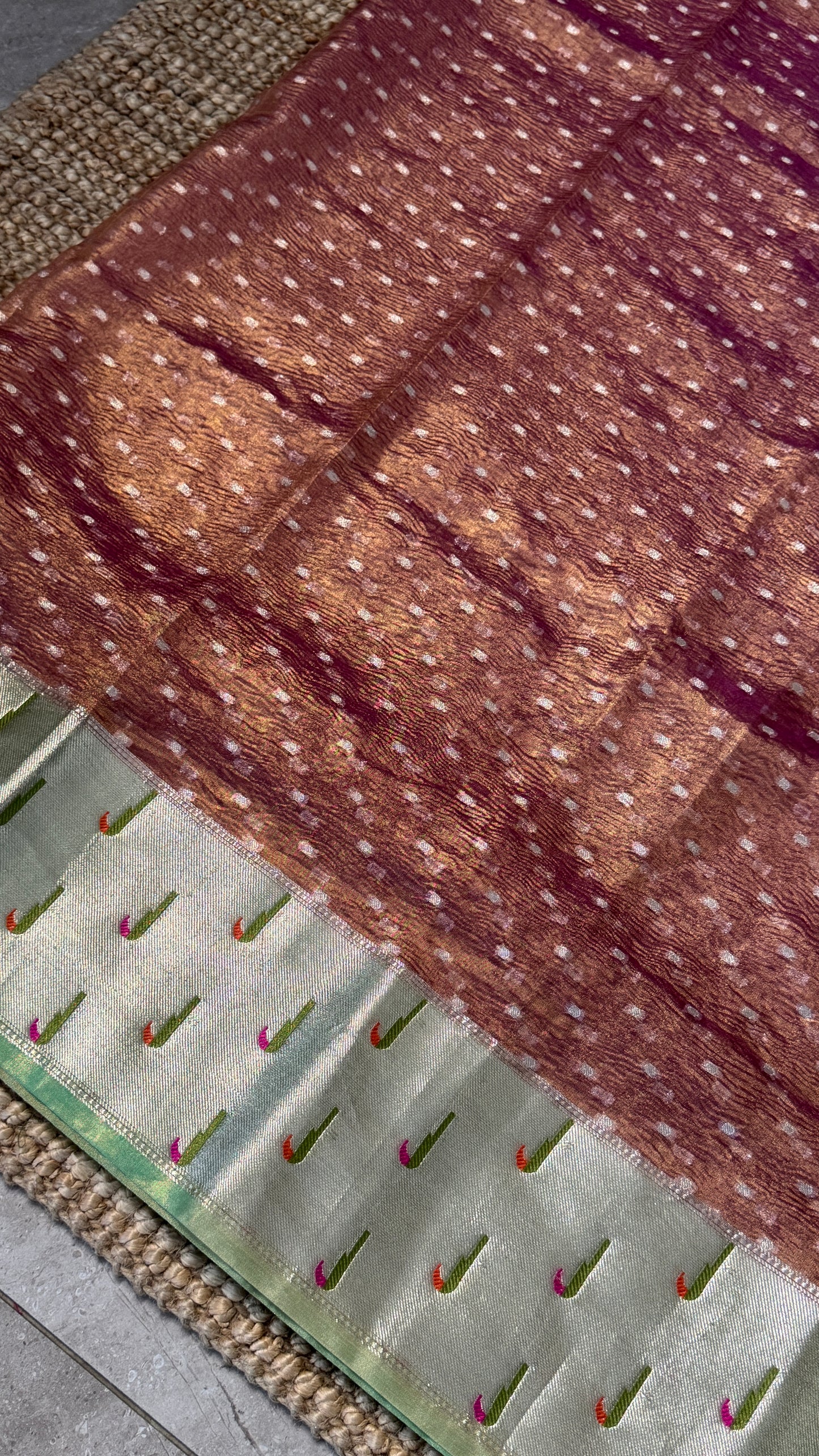 Semi Tissue Silk – Crushed in Onion Pink and contrast Paithani Border