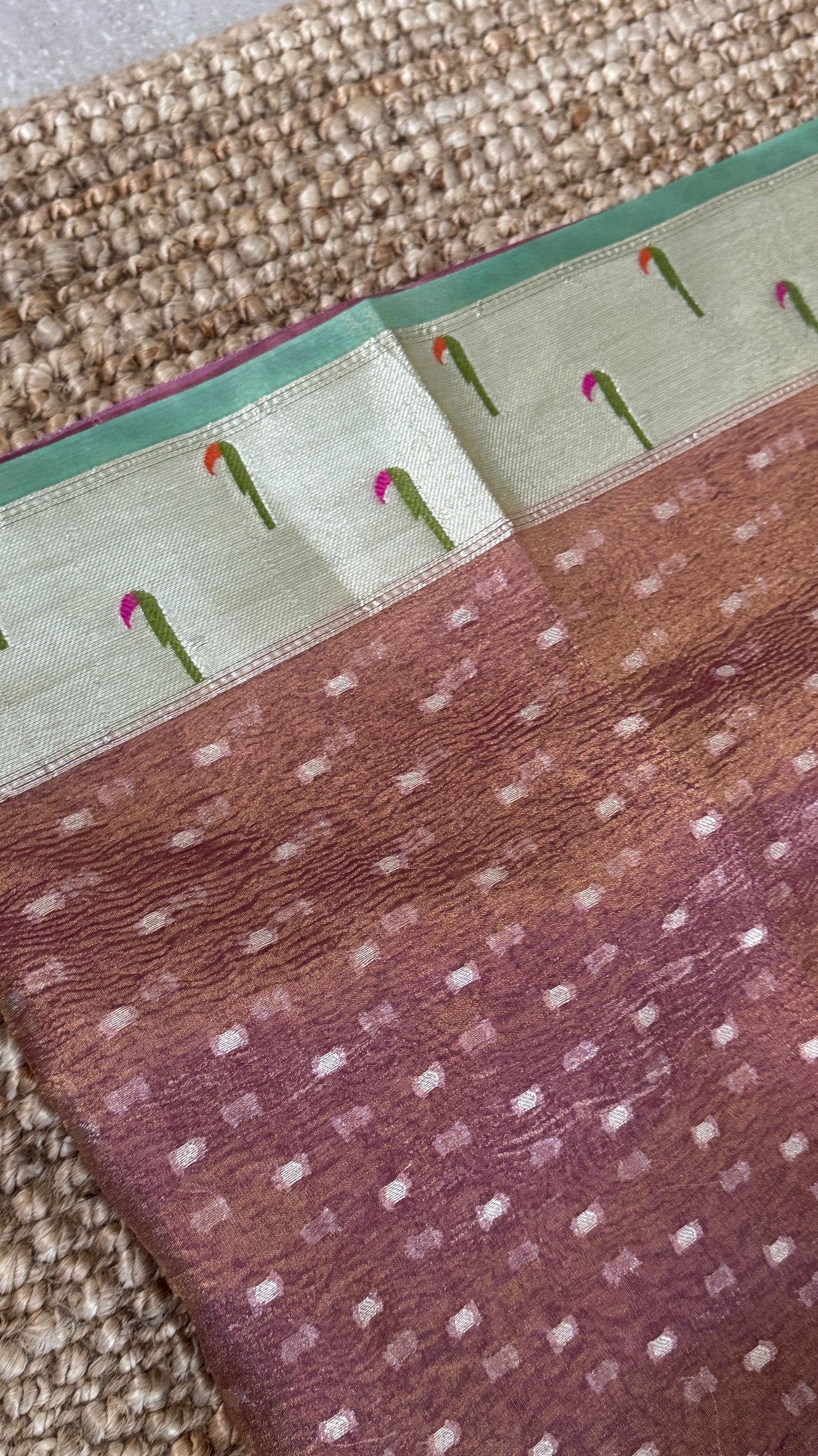 Semi Tissue Silk – Crushed in Onion Pink and contrast Paithani Border