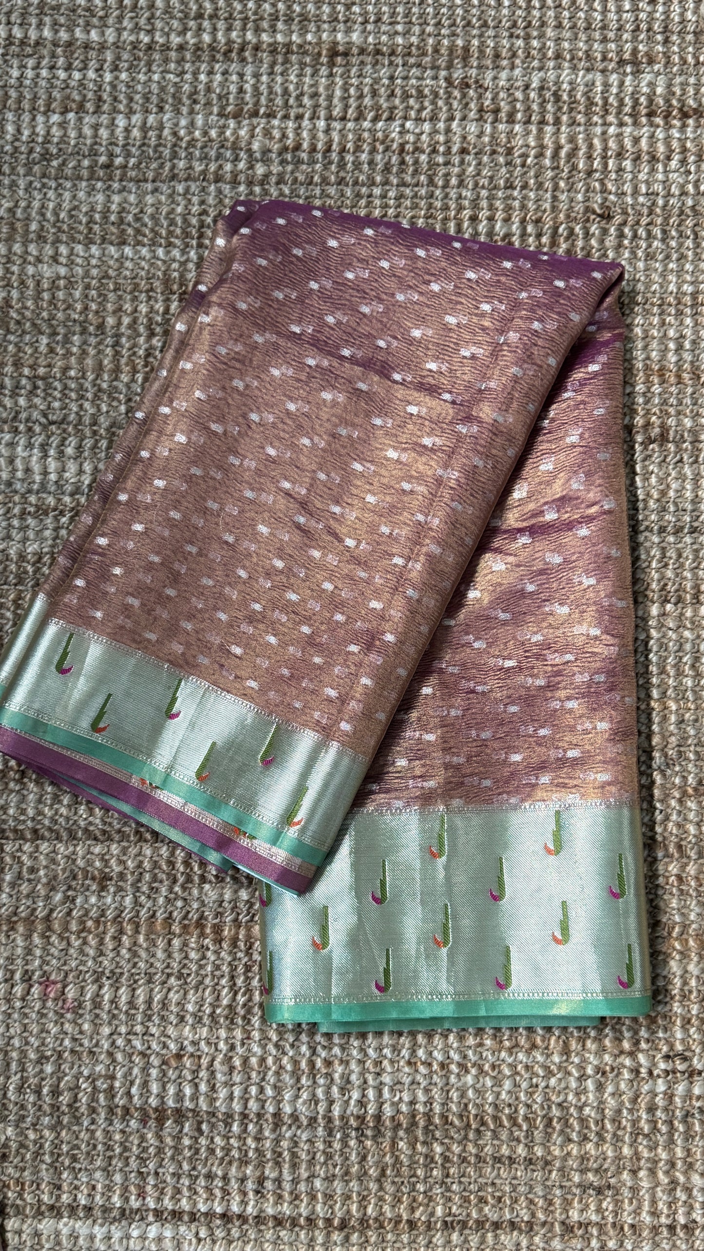 Semi Tissue Silk – Crushed in Onion Pink and contrast Paithani Border