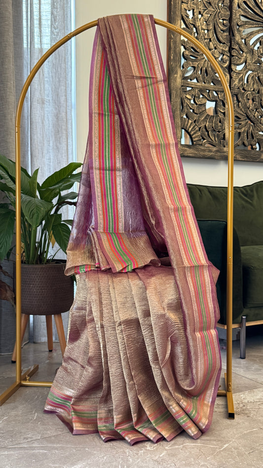 Semi Tissue Silk – Crushed in Onion Pink and contrast Pink Border