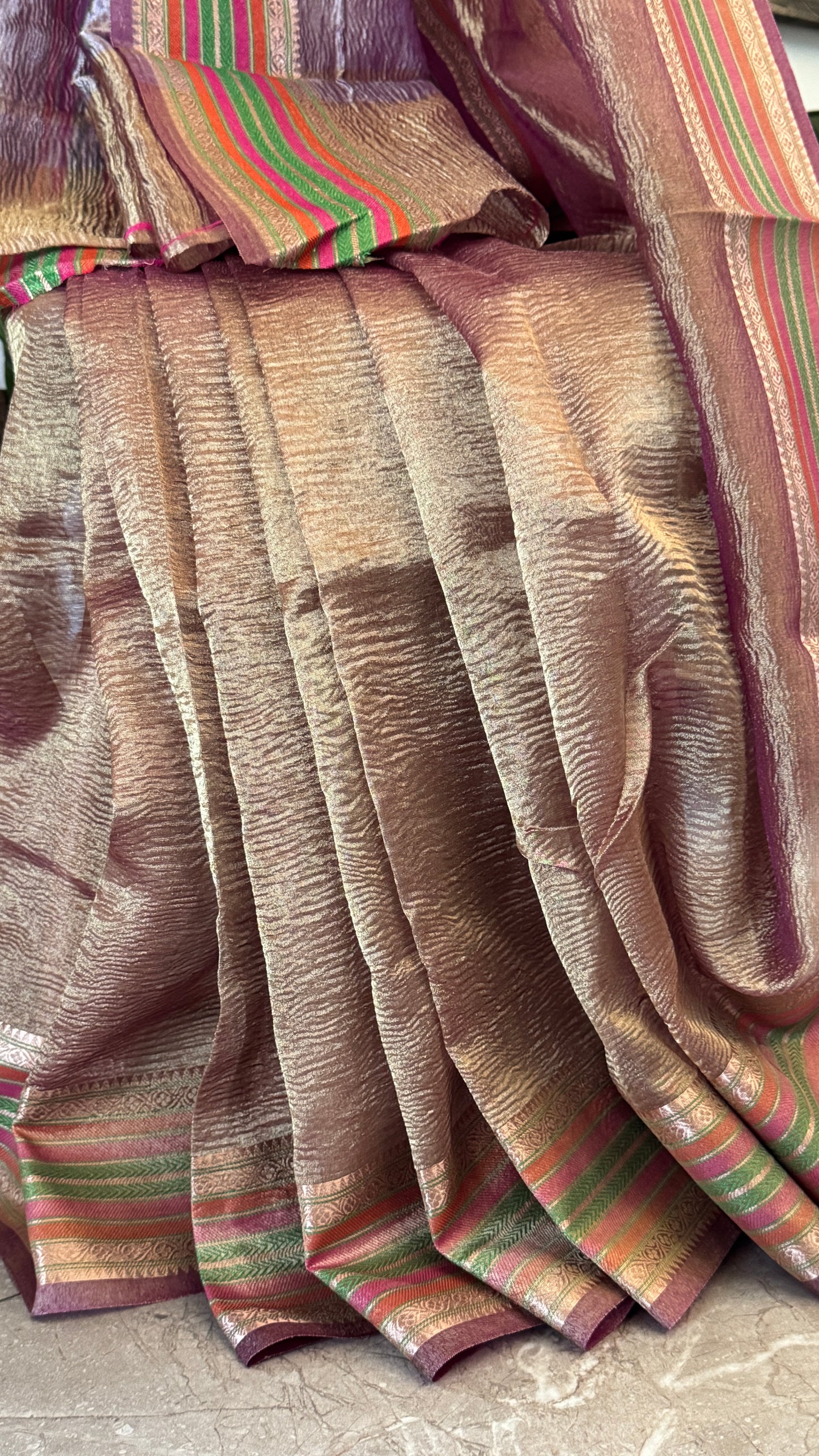 Semi Tissue Silk – Crushed in Onion Pink and contrast Pink Border