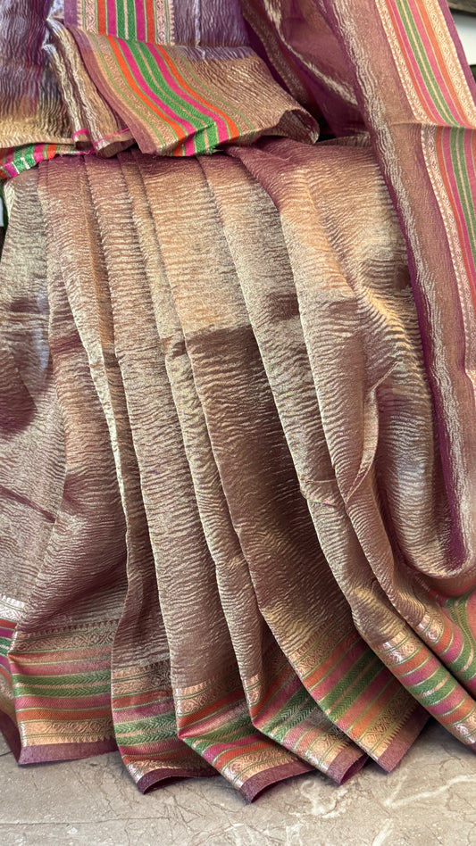 Semi Tissue Silk – Crushed in Onion Pink and contrast Pink Border