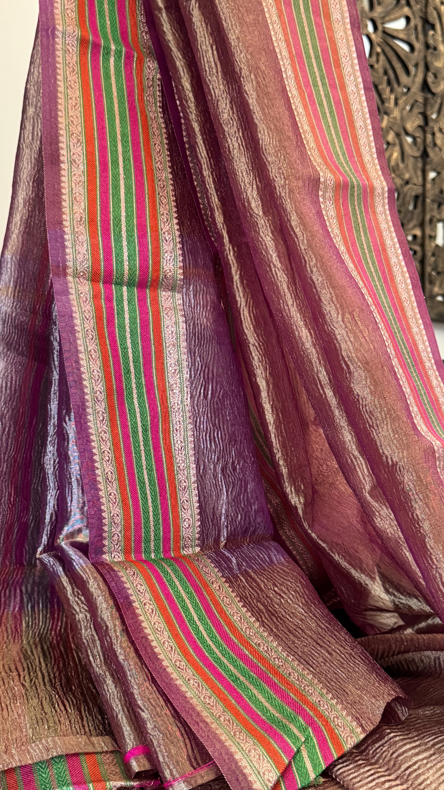 Semi Tissue Silk – Crushed in Onion Pink and contrast Pink Border