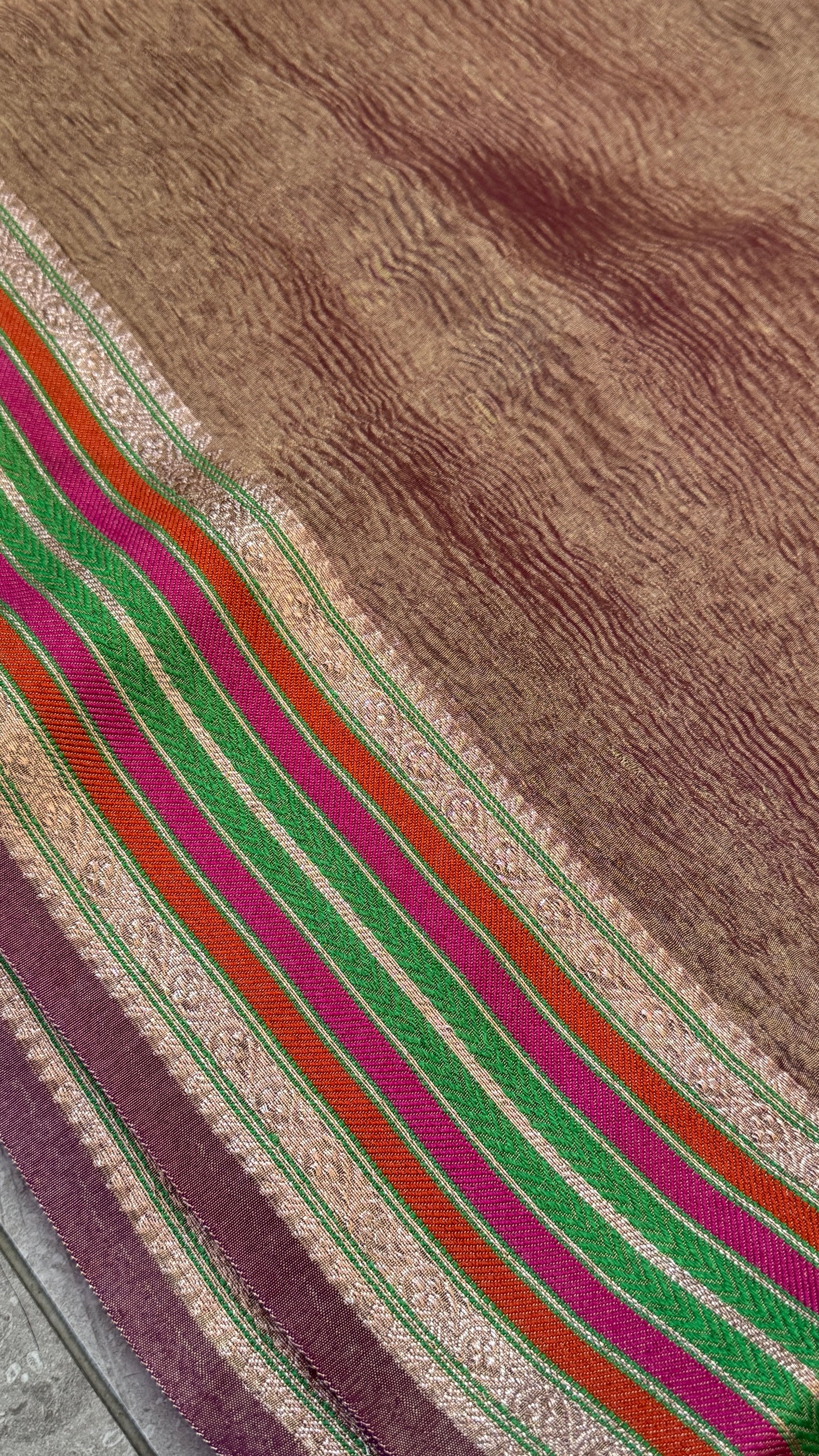 Semi Tissue Silk – Crushed in Onion Pink and contrast Pink Border