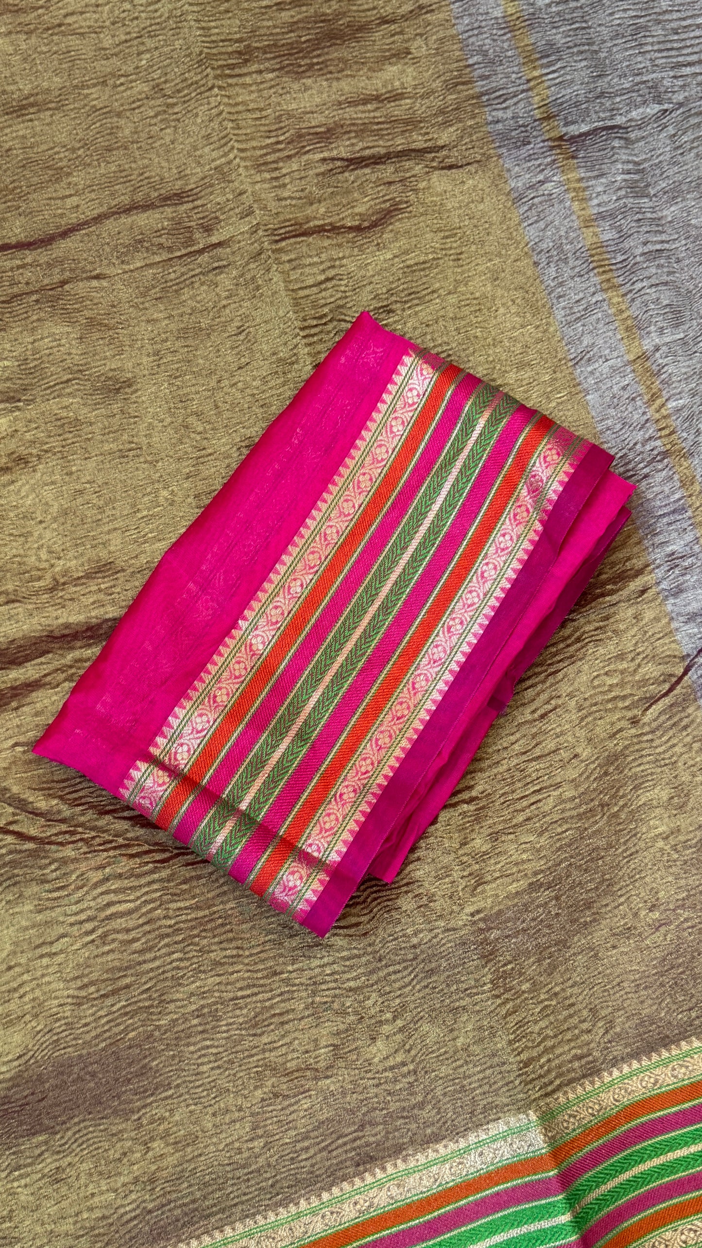Semi Tissue Silk – Crushed in Onion Pink and contrast Pink Border