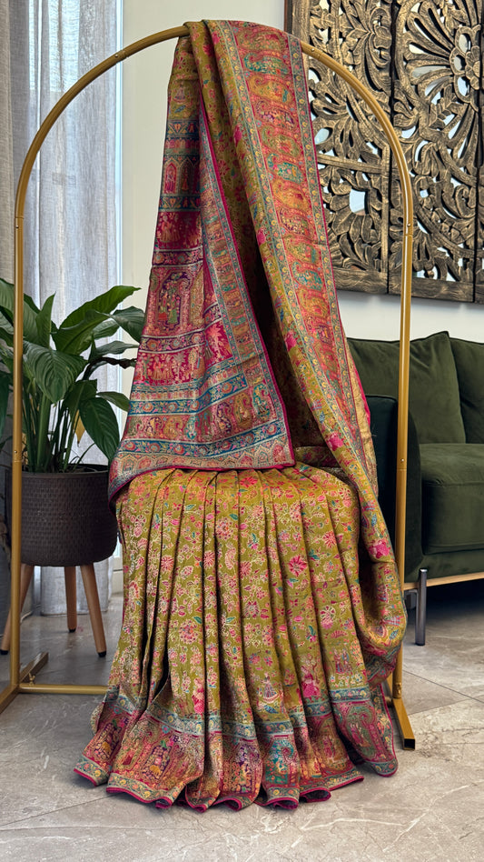 A Kashmiri Pashmina Banarasi Handwoven Storytelling Sarees - Mehndi Green