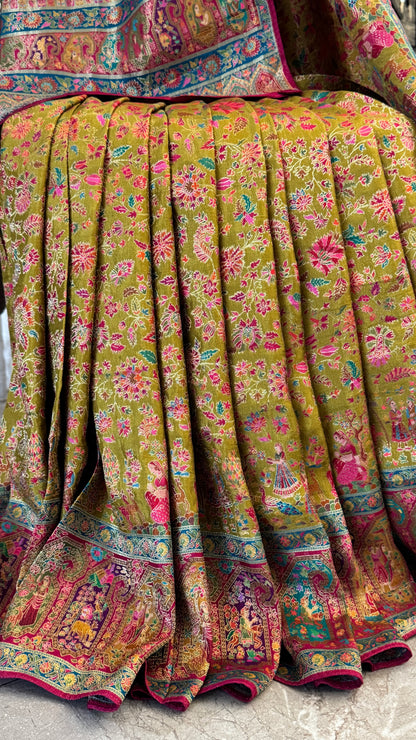 A Kashmiri Pashmina Banarasi Handwoven Storytelling Sarees - Mehndi Green