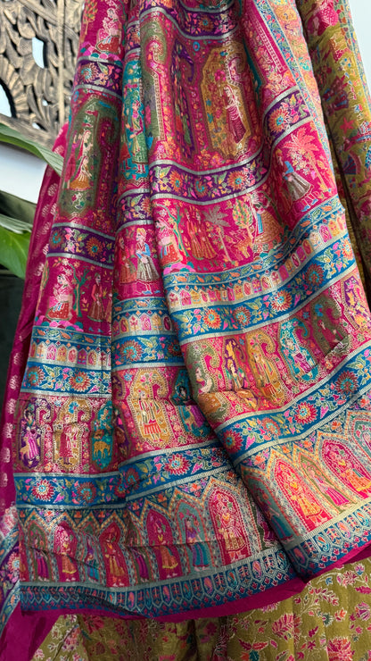 A Kashmiri Pashmina Banarasi Handwoven Storytelling Sarees - Mehndi Green