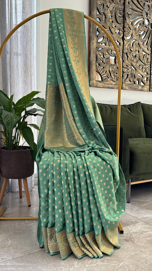 Pure Mashru Silk Banarasi Saree – Kanchi Australia’s Exclusive – Sage Green