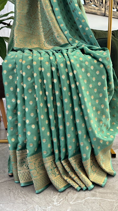 Pure Mashru Silk Banarasi Saree – Kanchi Australia’s Exclusive – Sage Green