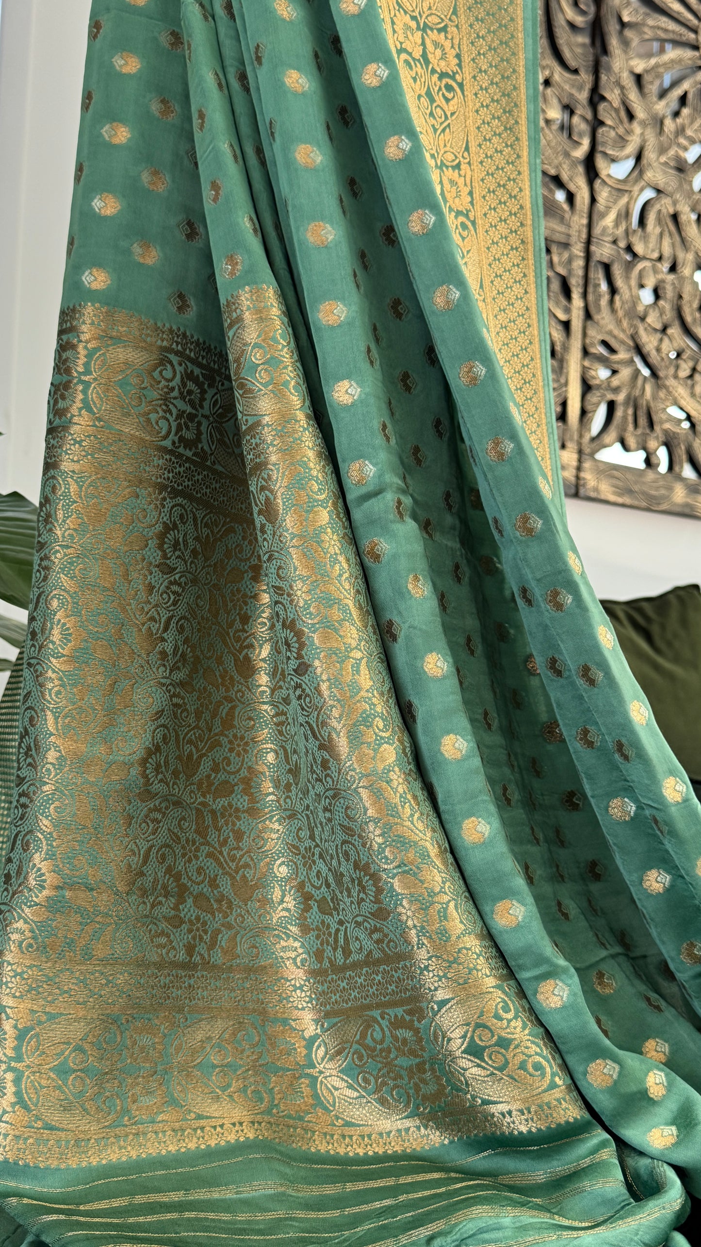 Pure Mashru Silk Banarasi Saree – Kanchi Australia’s Exclusive – Sage Green