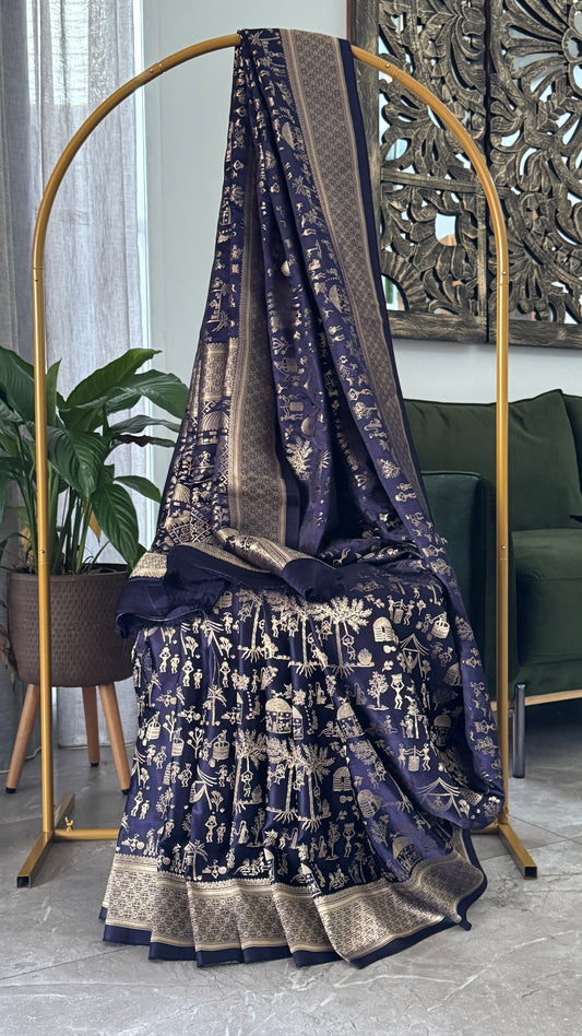 Pure Mashru Silk Banarasi Saree With Warli Art Form Woven - Navy Blue