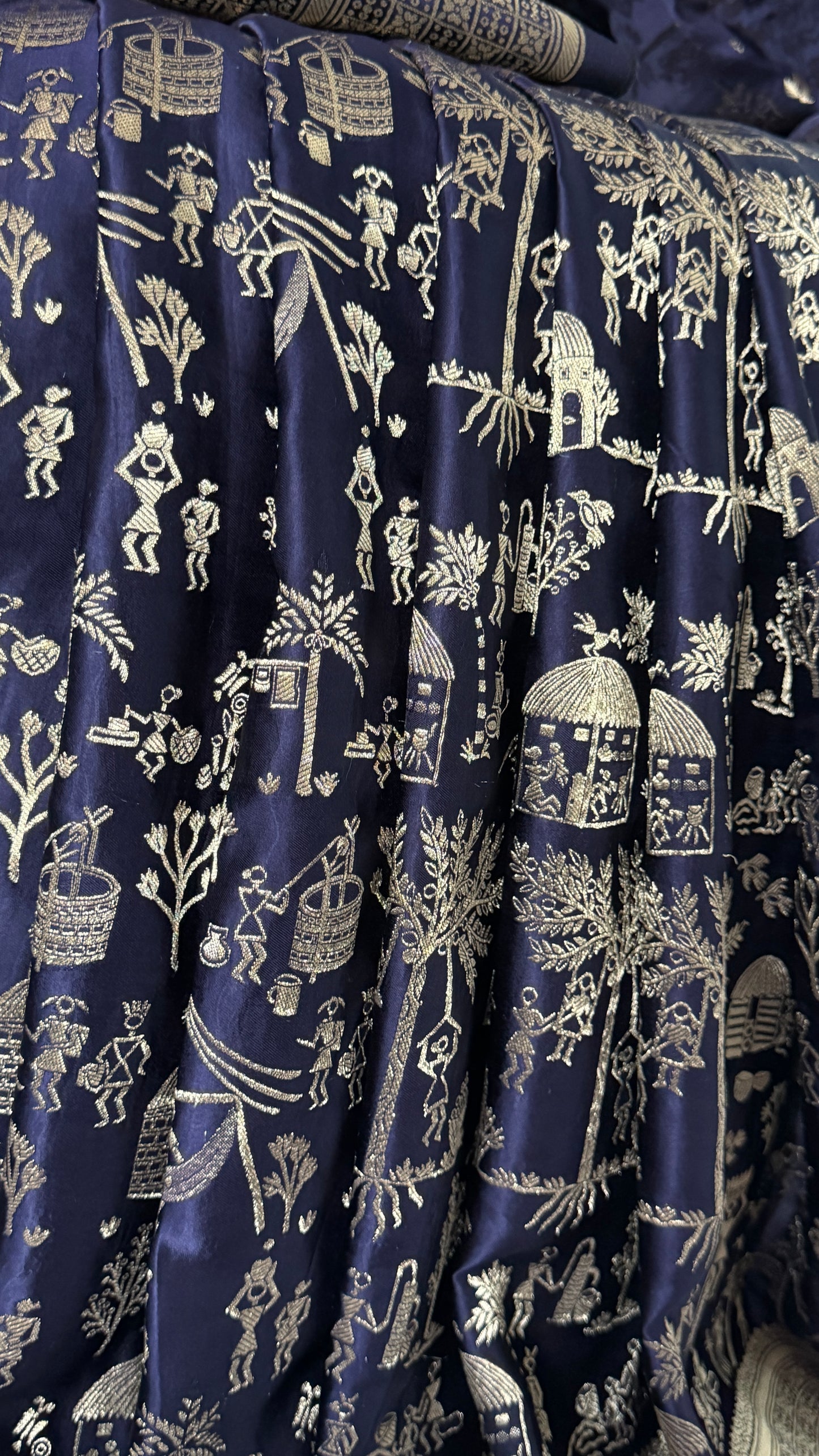 Pure Mashru Silk Banarasi Saree With Warli Art Form Woven - Navy Blue