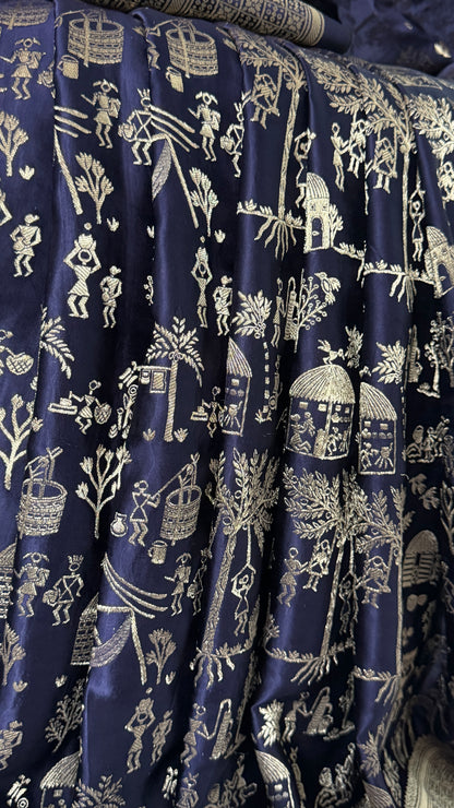 Pure Mashru Silk Banarasi Saree With Warli Art Form Woven - Navy Blue