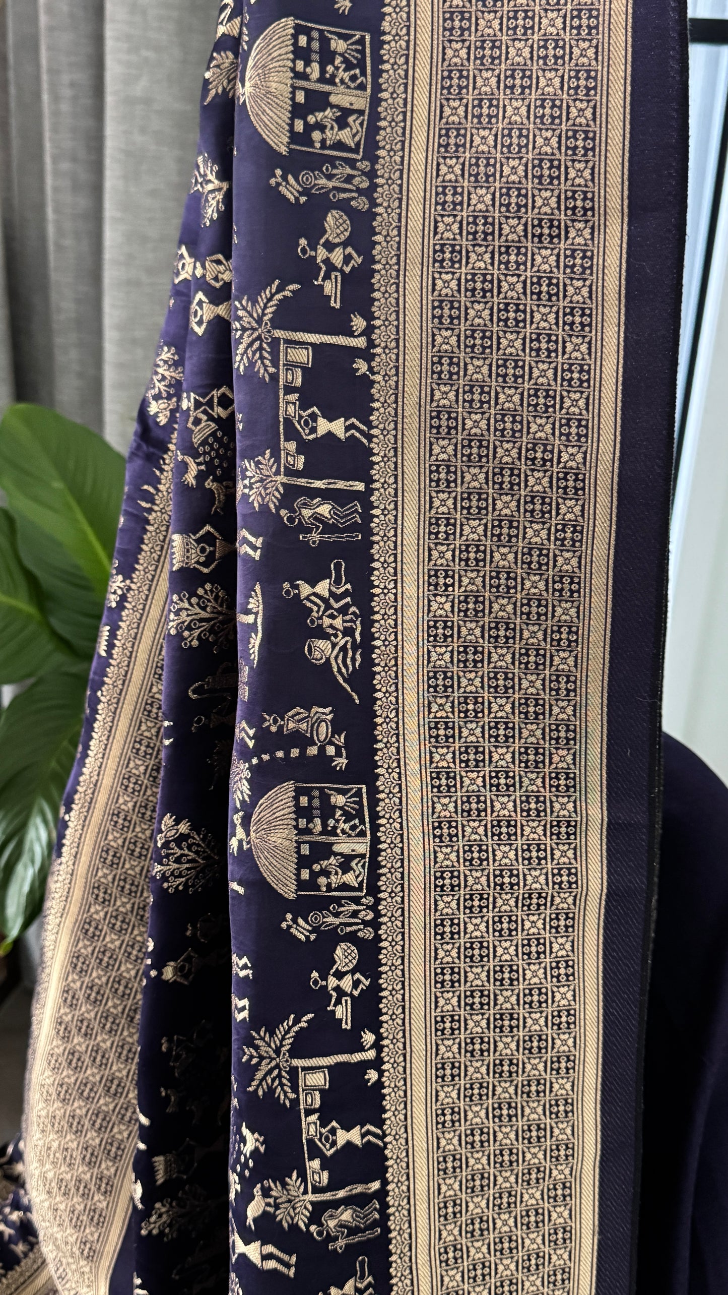 Pure Mashru Silk Banarasi Saree With Warli Art Form Woven - Navy Blue