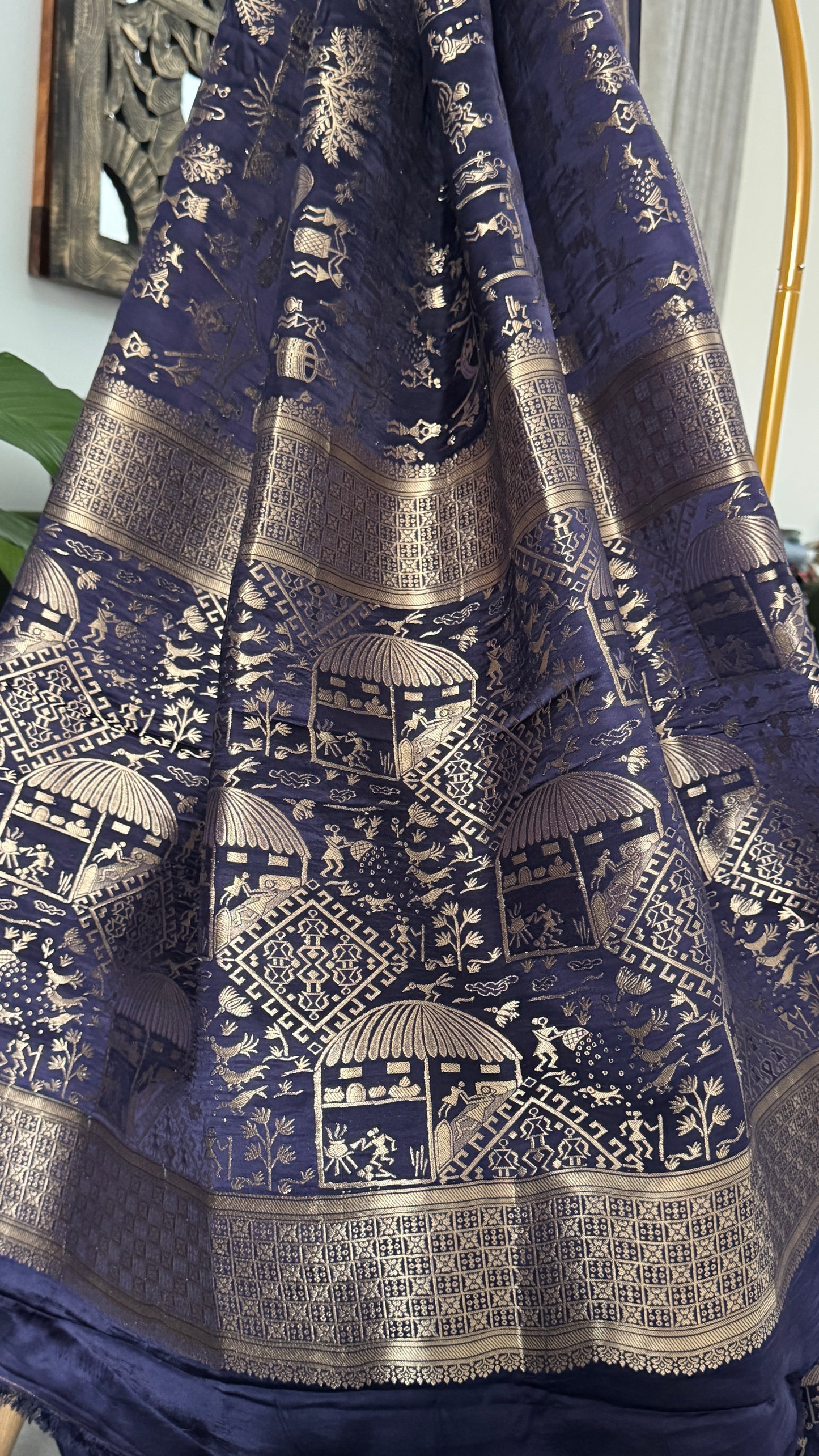 Pure Mashru Silk Banarasi Saree With Warli Art Form Woven - Navy Blue