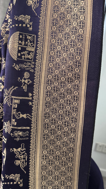 Pure Mashru Silk Banarasi Saree With Warli Art Form Woven - Navy Blue