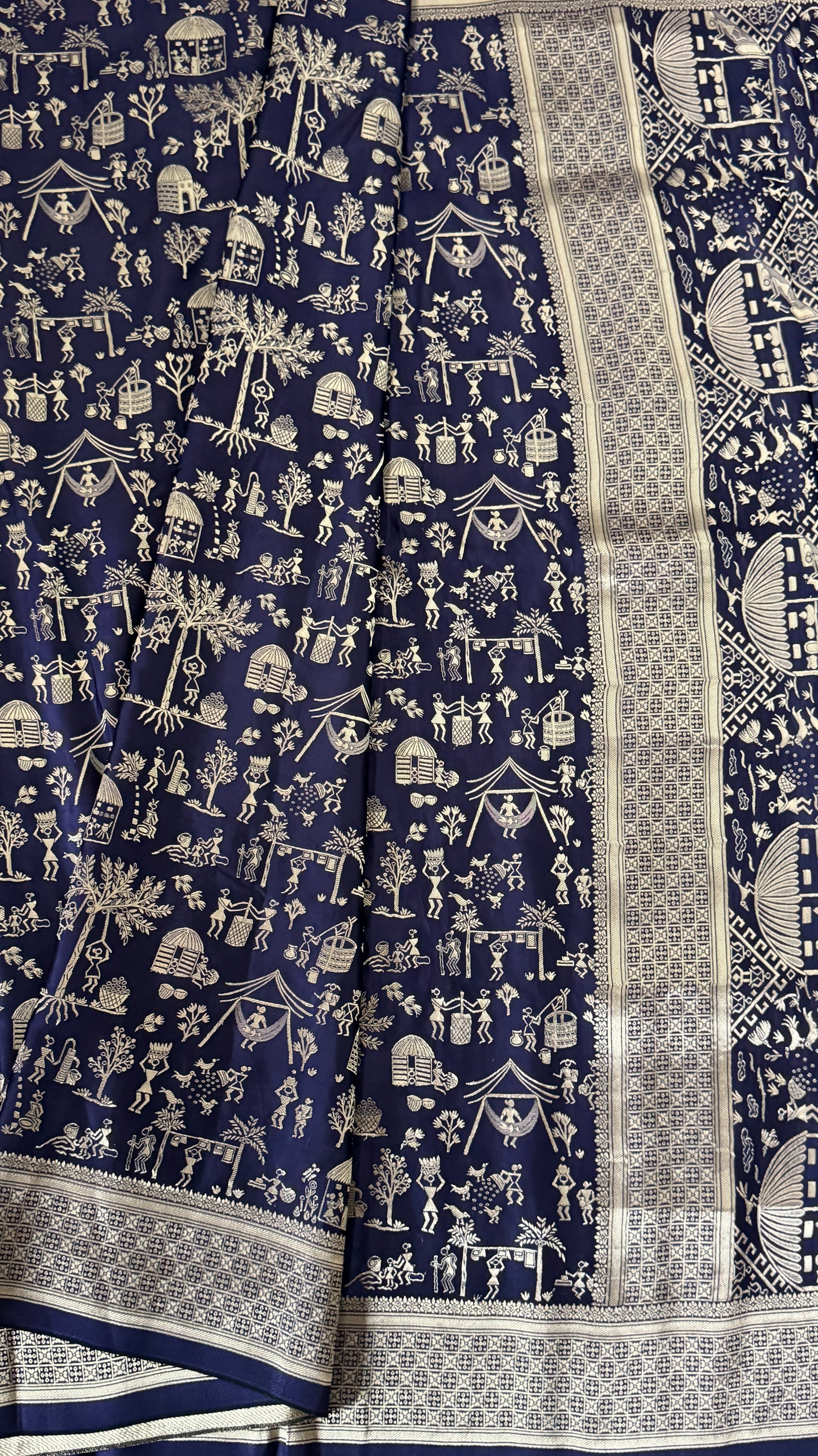 Pure Mashru Silk Banarasi Saree With Warli Art Form Woven - Navy Blue