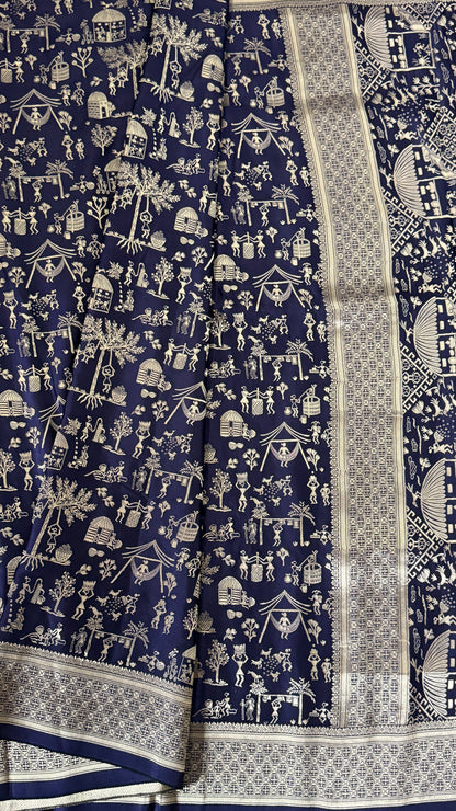 Pure Mashru Silk Banarasi Saree With Warli Art Form Woven - Navy Blue